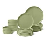 Amazon Basics Serviesgoed van Geglazuurd Aardewerk, 18-delige Set, 6 Volledige Couverts, Vaatwasbestendig, Olijfgroen