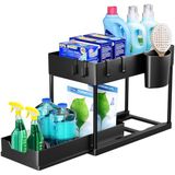 Merkloos Puricon Opbergrek voor onder de gootsteen, keukenopberger, 2 niveaus, met uitschuiflade, multifunctioneel opbergrek voor badkamer, aanrecht, wasruimte, zwart