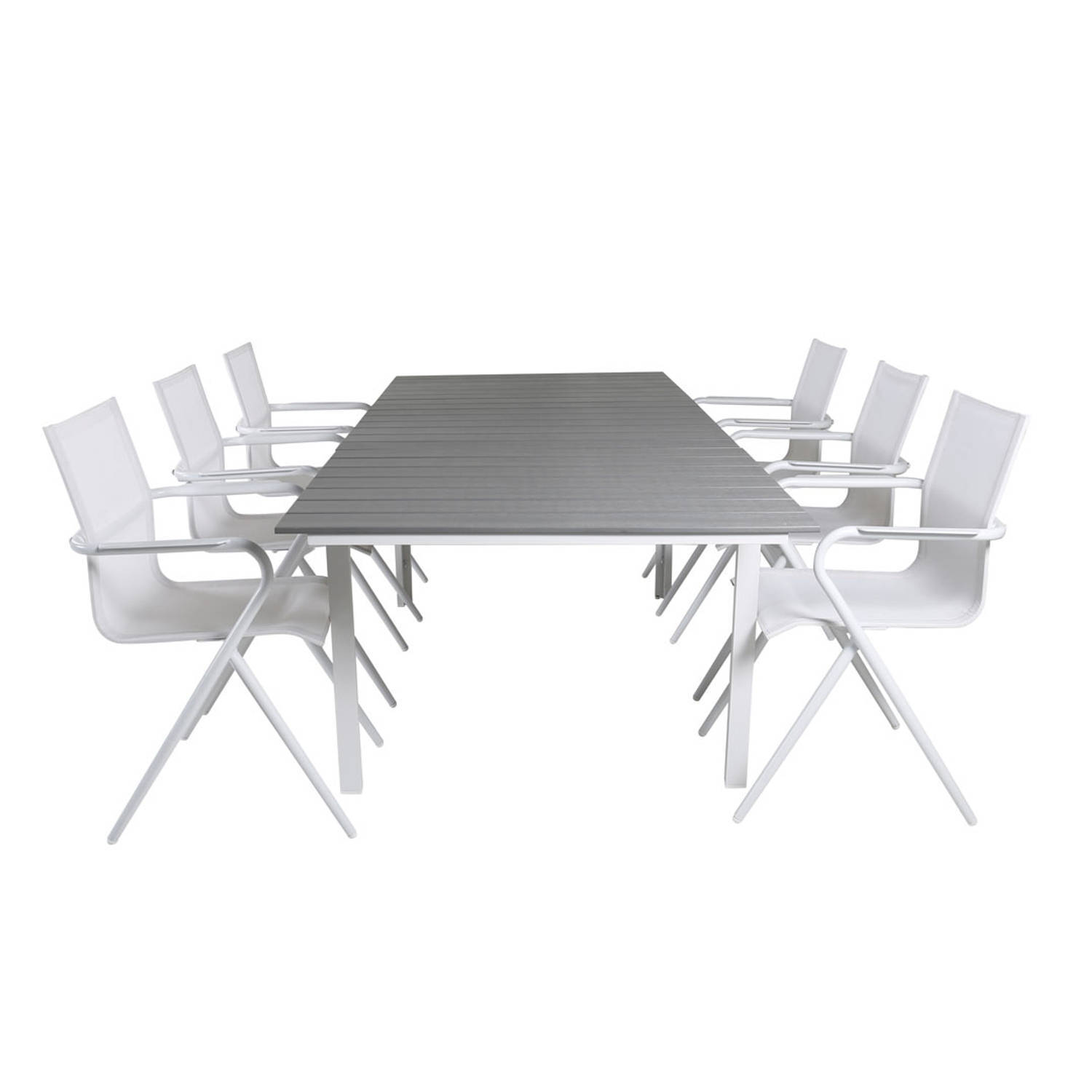 Hioshop Levels tuinmeubelset tafel 100x160/240cm en 6 stoel Alina wit, grijs.