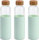 Merkloos / Sans marque Stricker Europe Waterfles - glas - 3x - mintgroene siliconen hoes - 600 ml - bpa-vrij - vaatwasserbestendig