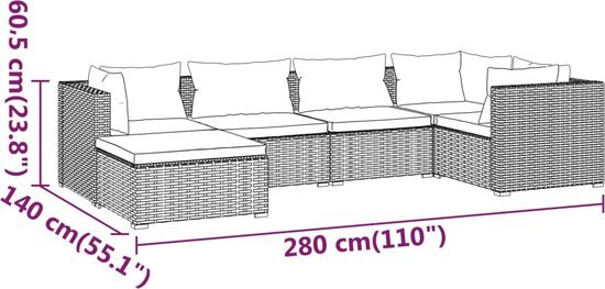 vidaXL 6-delige Loungeset met kussens poly rattan grijs