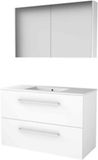 Basic-Line Comfort 46 Badkamermeubelset - 100 x 46 cm - Met Grepen - 2 Lades - Keramische Wastafel - 1 Kraangat - Spiegelkast - Ice White
