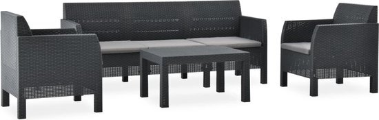 vidaXL 4-delige Loungeset met kussens PP rattan antracietkleurig