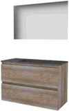Basic Line Ultimate 46 Badkamermeubelset - 100 x 46 cm - Greeploos - 2 Lades - Hardstenen Wastafel - Zonder Kraangat - Spiegel met Indirecte LED Verlichting - Scotch Oak