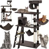 BAKAJI Krabpaal voor katten van sisal en pluche speelplaats kat met hangend hol verborgen krabpalen en platforms afmetingen 142 x 74,5 x 40 cm (bruin)