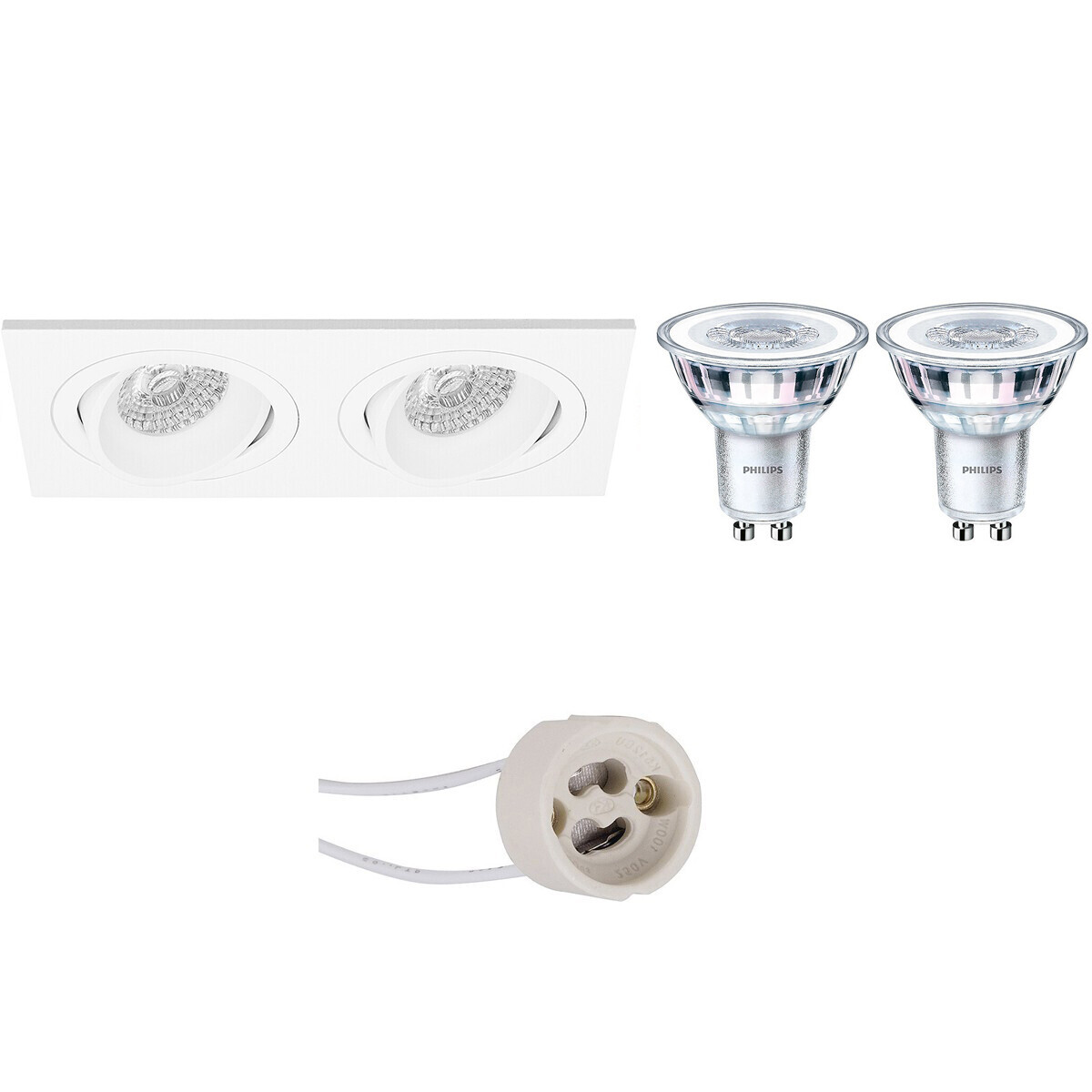 BES LED LED Spot Set - Pragmi Borny Pro - GU10 Fitting - Inbouw Rechthoek Dubbel - Mat Wit - Kantelbaar - 175x92mm - Philips - CorePro 830 36D - 5W - Warm Wit 3000K - Dimbaar