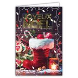 Afie 61-6039 Wenskaart Vrolijk Kerstmis met envelop en collage EN RELIEF goud glanzend fonkelende kerstman laarzen geschenken suikerstok kaars adventskalender lichtketting