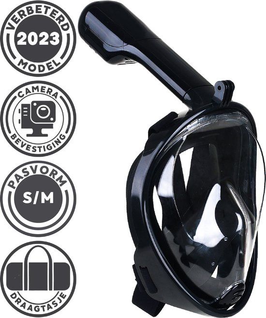 Gadgy Snorkelmasker Volwassenen S/M - Zwart - Full Face Duikmasker - Duikbril met Snorkel - Incl. Actioncam Bevestiging