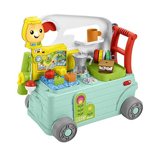 Fisher-Price - Lachen en leren camper 3-in-1, duwspeelgoed voor eerste stappen en muziekactiviteitencentrum, speelgoed voor kinderen van 9-36 maanden, HCK51