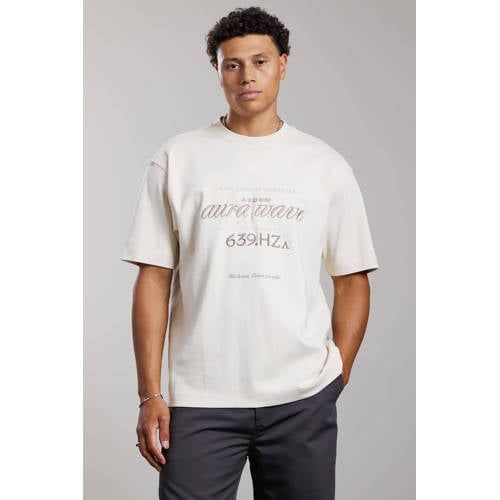 Aeden ecru relaxed fit T-shirt met print en borduursels