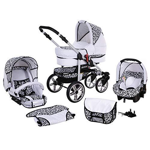 Lux4Kids ChillyKids Kinderwagen, 3-in-1, alles in een Isofix-combinatie, complete set met autostoeltje Matrix II van ChillyKids, wit en luipaard, 2-in-1, zonder autostoel