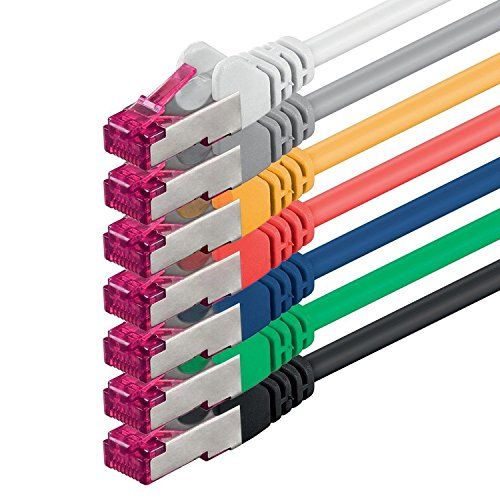 1aTTack.de 10m - 7 kleuren - 7 stuks - Netwerkkabel CAT6a (10Gb/s) S-FTP CAT 6a LAN-kabel - GHMT-gecertificeerd PIMF 500 MHz Cat5 Cat5e Cat6 Cat6a Cat7 voor switch, router, modem, internet