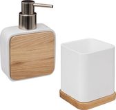 5five Badkamer/toilet accessoires set - tandenborstelhouder en zeeppompje - wit - bamboe - 200 ml