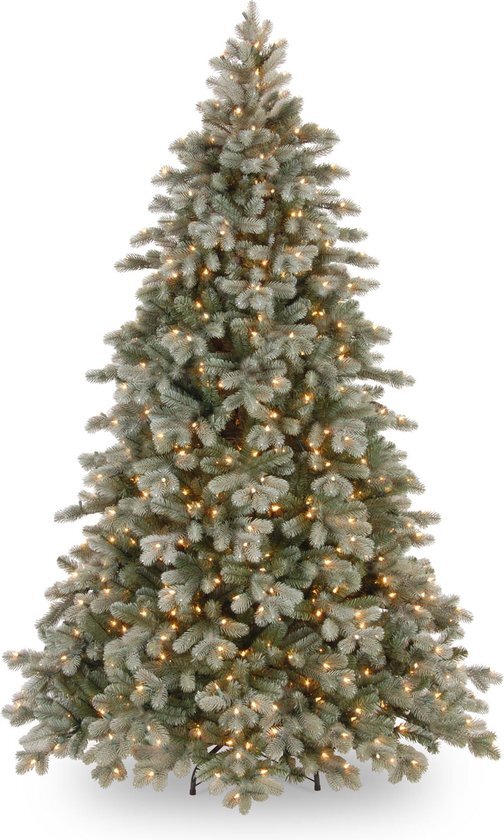 Poly Frosted Colorado Hinged verlichte kunstkerstboom - 213 cm - Bevroren blauw - Ø155 cm - 1989 tips - 500 ledlampjes (warm wit) - Metalen voet