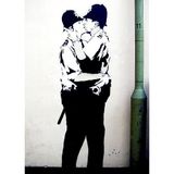 Homemania Muurfoto, Banksy politieagenten, decoratie, thuismuurkunst, digitaal, tekening, frame, meerkleurig, hout, katoen, 50 x 70 x 3 cm