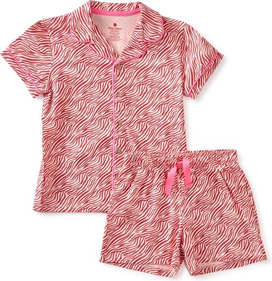 Little Label Pyjama Meisjes Maat 146-152/12Y - Fuchsia, Roze - Zebra Strepen - Shortama - Zachte BIO Katoen