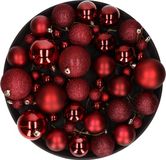 Billiet - Vanlaere Décoration de Noël set boules de Noël rouge foncé 6 - 8 - 10 cm - paquet de 46x pièces - mat/brillant/paillettes mix