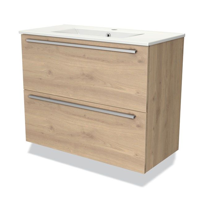 Maxaro Badkamermeubel 80cm Modulo Slim Lichtbruin Eiken 2 Lades Vlak Wastafel Keramiek