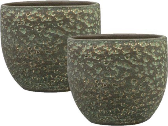 Ter Steege Set van 2x Ter Steege plantenpotten - lava-look shiny groen - Ø 21 cm - Voor binnen