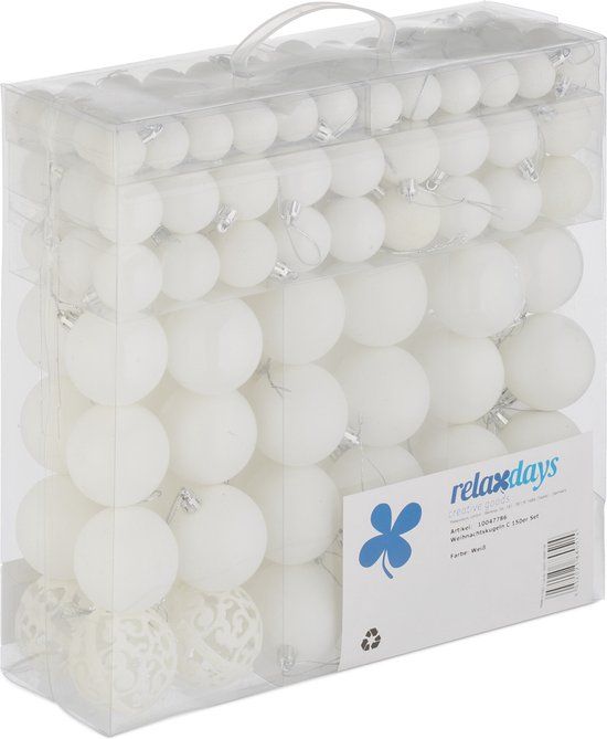 Relaxdays Kerstballen - Set van 150 - Mat, Glanzend, Glitters - Plastic - ∅ 3, 4, 6 cm - Wit