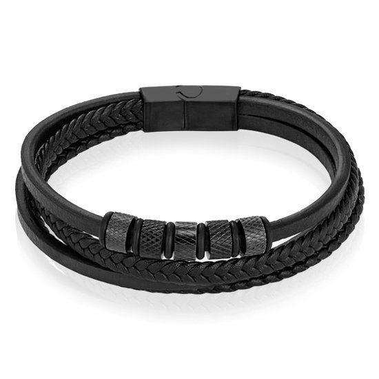 Mendes Leren Multi armband met RVS kralen, Zwart - 20.5cm