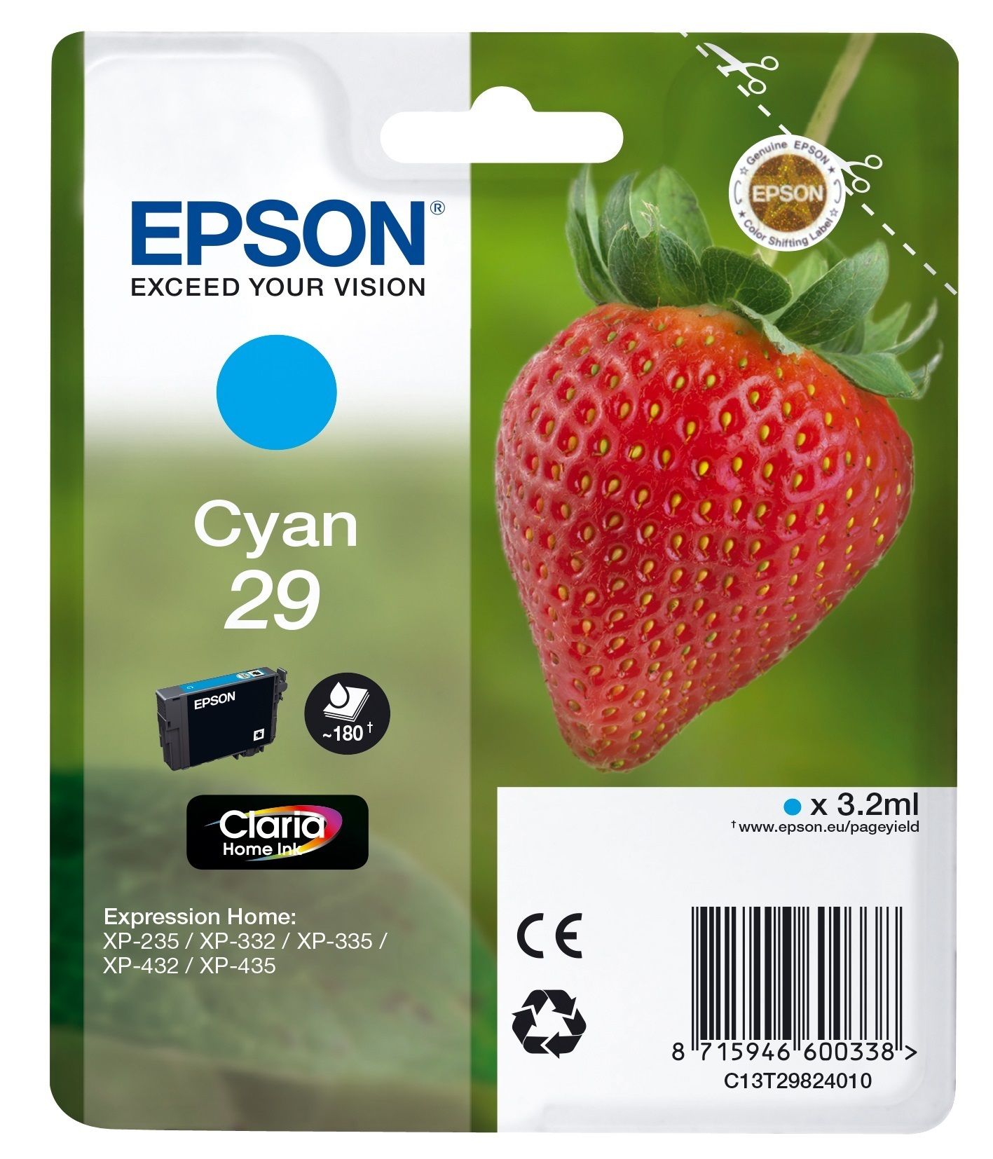 Epson Strawberry 29 C - Cyaan - Inktcartridge - 180 Pagina's - C13T29824020