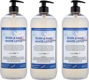 Claudius Cosmetics B.V. Body & Hair White Lotus 1 liter - set van 3 stuks - met gratis pomp - 2 in 1 voor lichaam en haar.