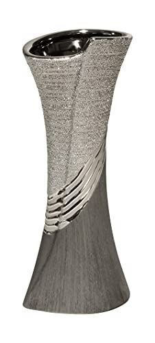 Gilde Moderne vaas keramische vaas tafelvaas decoratieve vaas grijs zilver met reliëf, 8x10x19 cm
