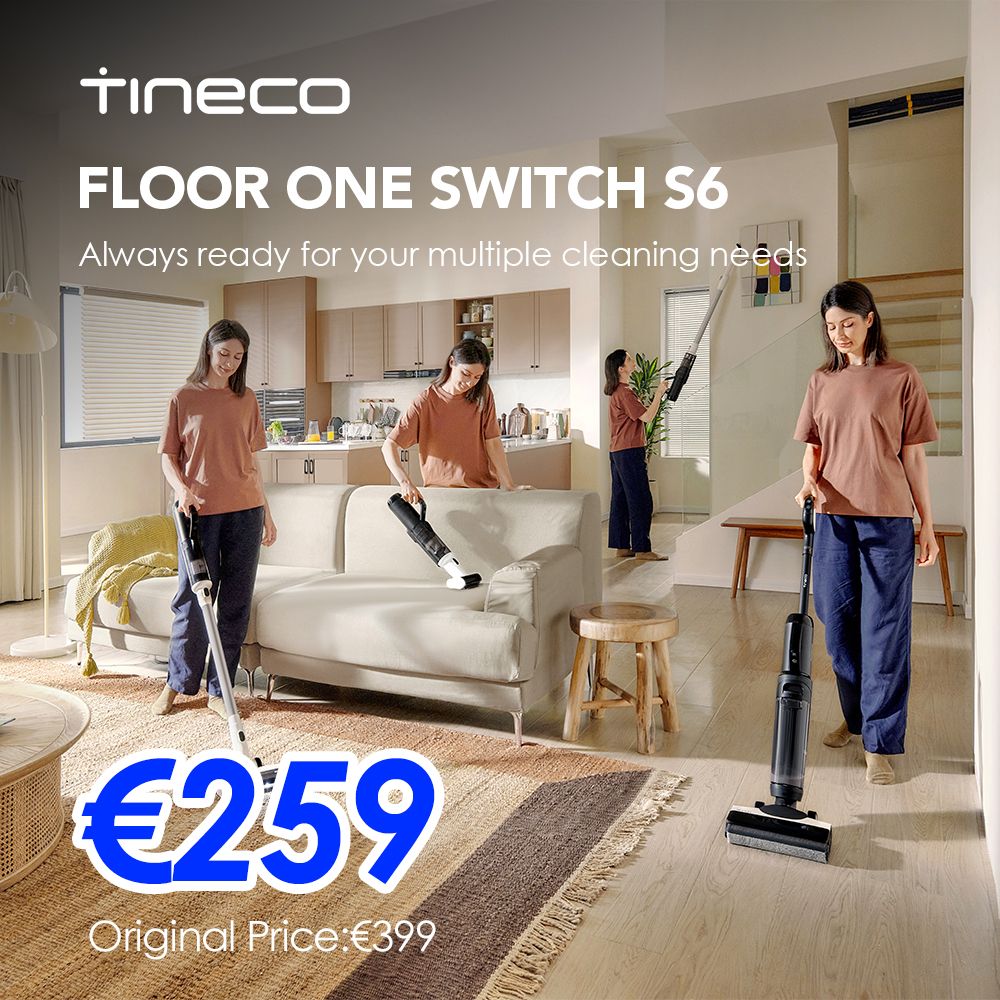 Tineco Floor One Switch S6 Draadloze 5-in-1 Mopstofzuiger Nat-Droog Stofzuiger Zelfreinigend 5 Minuten FlashDry met 70 ° C Double-Edge Cleaning Tangle-Free multifunctionele reiniger voor het hele