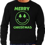 Bellatio Decorations Foute Kersttrui/sweater voor heren - Merry Christmas - zwart - glitter groen - Smile / Emoticon M