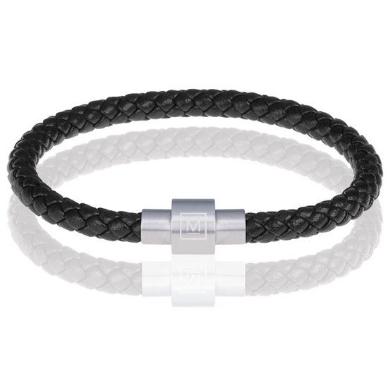 Memphis armband leer met edelstaal Zwart Zilver-24cm