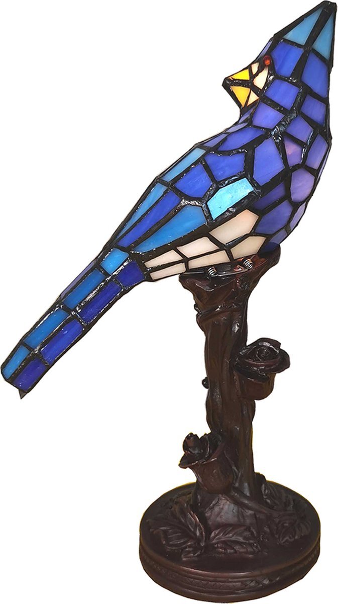 HAES deco - Tiffany Tafellamp Vogel 15x12x33 cm Blauw Glas Kunststof Tiffany Bureaulamp Tiffany Lampen Glas in Lood