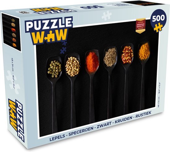 MuchoWow Puzzel Lepels - Specerijen - Zwart - Kruiden - Rustiek - Legpuzzel - Puzzel 500 stukjes - Sinterklaas cadeautjes - Sinterklaas voor grote kinderen