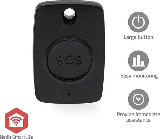 Nedis SmartLife Persoonlijk alarm – SOS Paniekknop – Senioren alarm – Veiligheid voor Ouderen – Draadloos – Draagkoord – Zwart