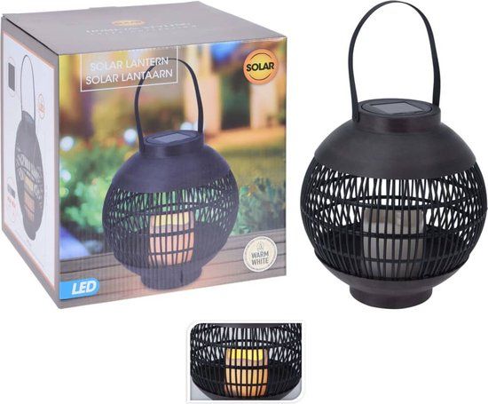 Zwarte ronde solar lantaarn 24 cm - RVS - Tuinverlichting - Zonne-energie