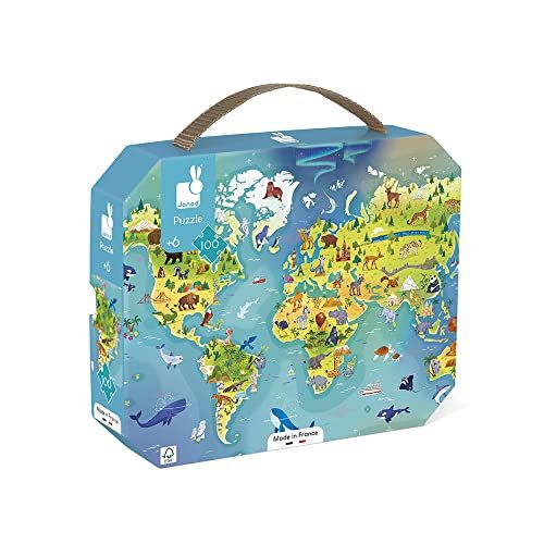 Janod Puzzel voor kinderen, 100 delen, educatieve spellen, fijne motoriek en concentratie, koffer, handvat – gemaakt in Frankrijk en FSC-gecertificeerd vanaf 6 jaar, J02607, meerkleurig