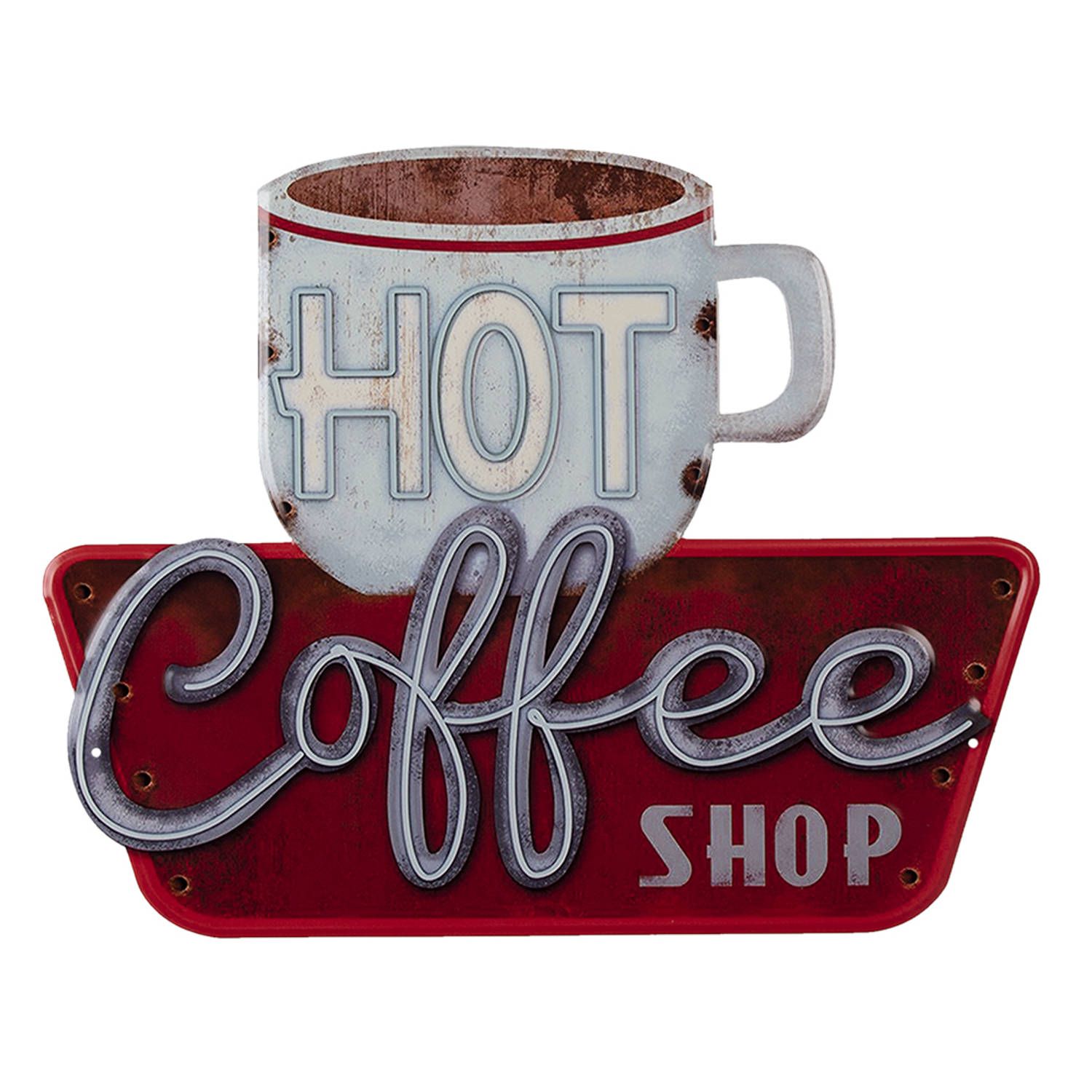 Clayre & Eef tekstbord 38x48 cm wit rood ijzer hot coffee wandbord spreuk wandplaat wit wandbord spreuk
