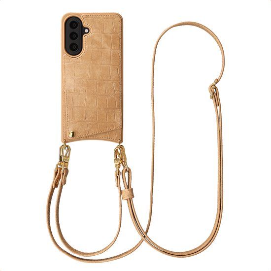 Selencia Hoesje - Geschikt voor Samsung Galaxy A57 (5G) - Croco Backcover met koord en pashouder - Toasted Almond