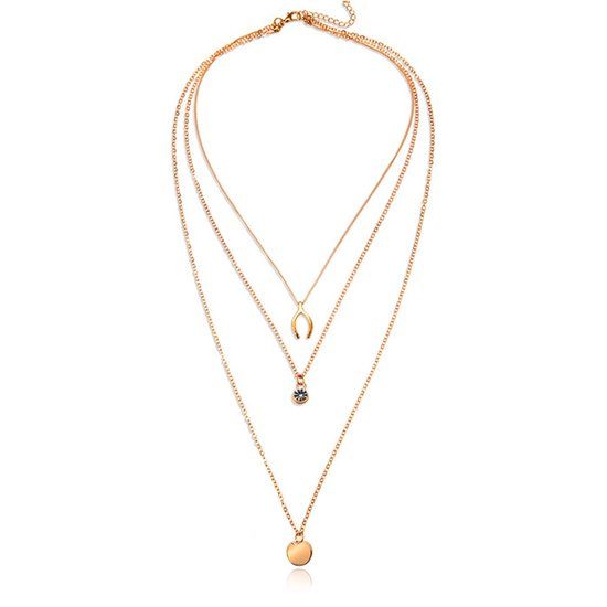 LGT JWLS Lookinggoodtoday Gelaagde goudkleurige ketting Wishing Bone muntje en Zirkonia