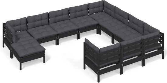 vidaXL 11-delige Loungeset met kussens grenenhout zwart