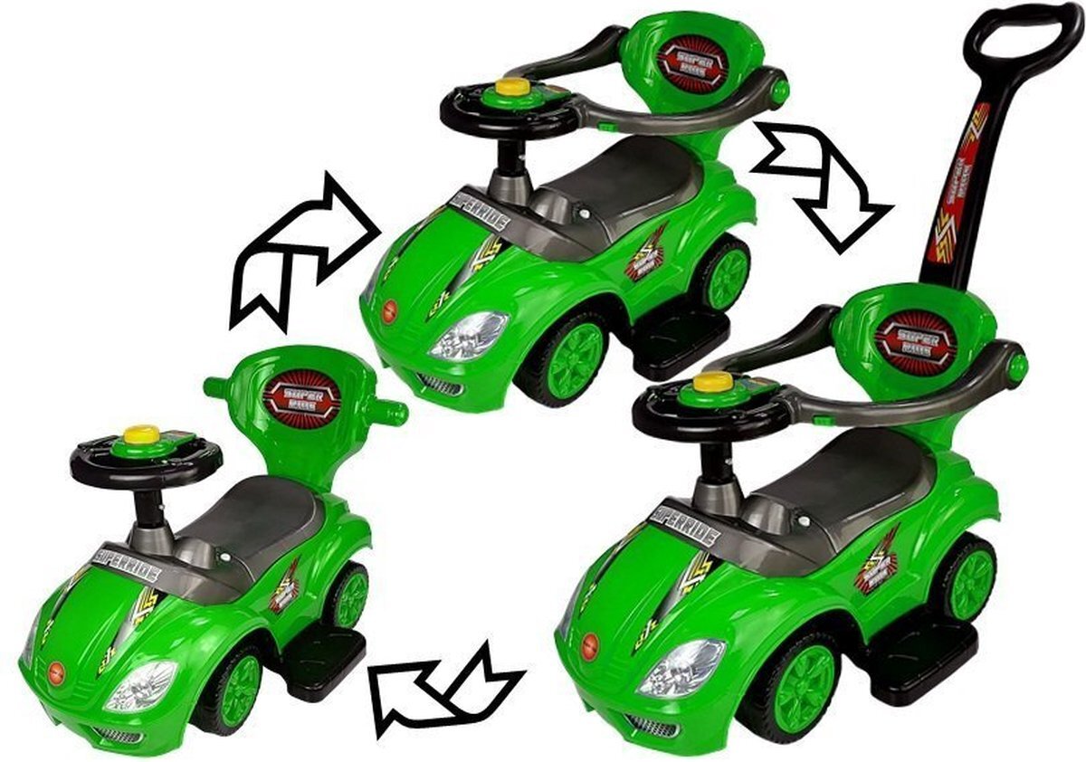 Lean Toys Mega Car 3 in 1 loopauto met duwstang - Groeit mee met je kind - Groen