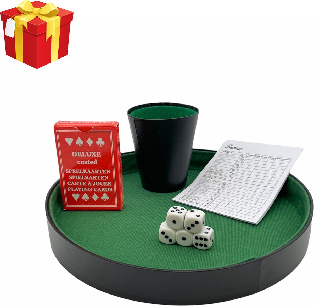 Djeals.nl Yahtzee + Dobbelsteenbak + kaartenset - Dobbelset - Dobbelbak - Pokerpiste - Pitjesbak - Dobbelspel/Gezelschapsspel voor Kinderen/Volwassenen - Dobbelstenen - Spel - Kunstleer