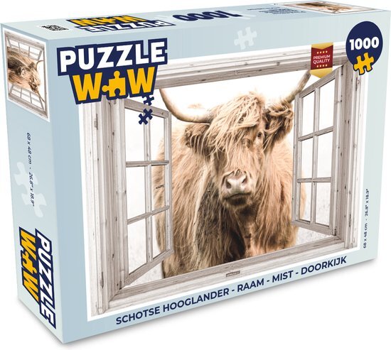 MuchoWow Puzzel Schotse hooglander - Raam - Mist - Doorkijk - Legpuzzel - Puzzel 1000 stukjes volwassenen