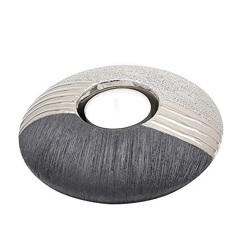 Dekohelden24 Luxe designer keramische theelichthouder in discusfom, zilvergrijs, 13 cm