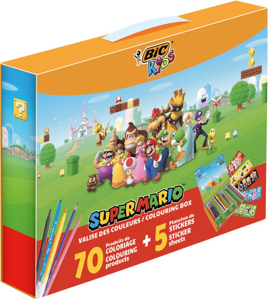 BIC Kids Super Mario Kleurdoos met Kleurpotloden - Visaquarelle - Aquarelpotloden - Viltstiften en Stickers - Verschillende Kleuren - Herbruikbare Doos van 70 Stuks met 5 Stickervellen