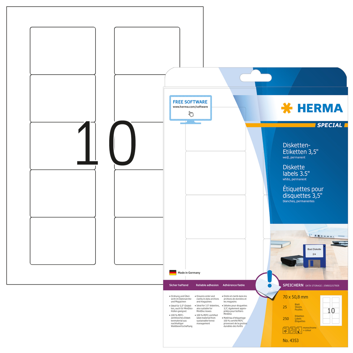 HERMA Diskette-etiketten wit 3.5 70x50.8 A4 250 st.