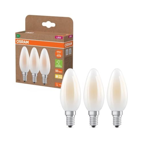 OSRAM Hoogwaardige LED-lampen met energie-efficiëntieklasse A, voordeelverpakking met 3 lampen, vervangt traditionele 40W gloeilampen, kaarsvorm, warmwit (2700K), E14, matglas