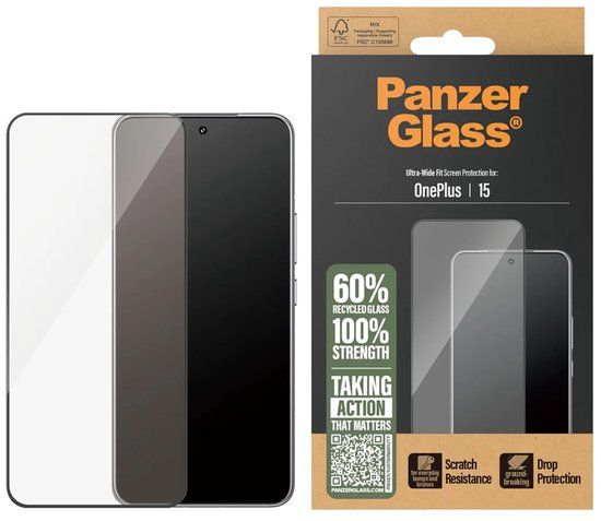 PanzerGlass Ultra-Wide Fit Anti-Bacterial Screenprotector incl. applicator voor de OnePlus 15