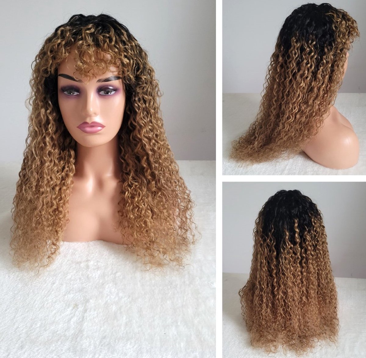 Frazimashop Braziliaanse remy pruik 20 inch diepe golf pruiken met pony menselijke haren mix kleur echte haar none lace pruik