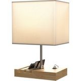 Lampe de chevet avec ports USB et base en bois - Lampe de table avec abat-jour en tissu, 25 x 20 x 40,5 cm, blanche